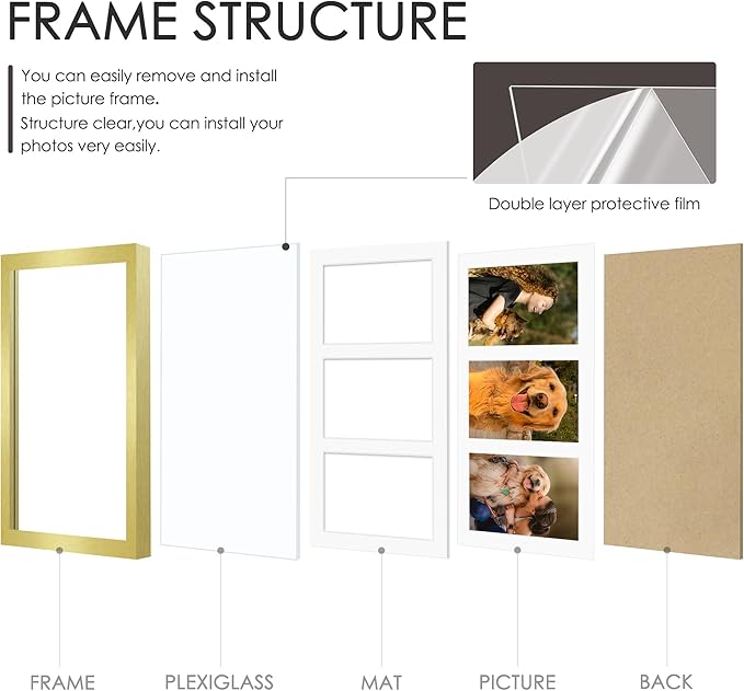 8x14 Collage Picture Frame 4x6 Collage Picture Frame Displays Three 4x6 inch Photos or 8x14 (Without Mat) for Available Horizontal Wall Mounting Display and Vertical Gold