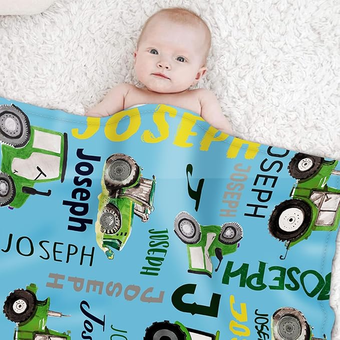 Personalized Tractors Blanket - Custom Name with Farm Tractor Trucks Design - Soft Plush Flannel Bed Blanket for Baby Kid Teen Boys Girls Customized Gifts Light Blue & Green