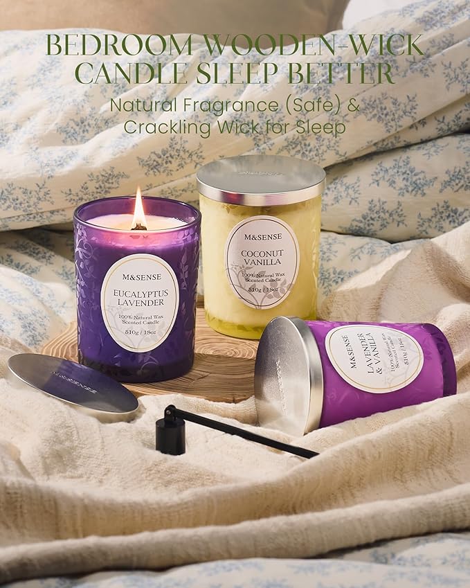 M&SENSE Eucalyptus Lavender Scented Candle, Cracking Wooden Wick Soy Wax, 18oz 100 Hours Long Lasting Clean Burn, Large Jar Candles for Home Decor, Non-Toxic Relaxing Aromatherapy Gifts for Women