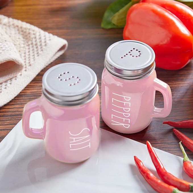 Pink Salt and Pepper Shakers Set - Pink Kitchen Accessories - Pink Kitchen Decor - 4 oz Glass Salt and Pepper Set for Cooking Table, RV, BBQ, Easy to Clean & Refill