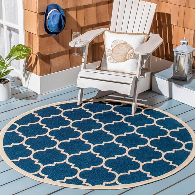 SAFAVIEH Washable Rug Outdoor Courtyard Collection - 5'3" Round, Navy & Beige, Non-Shedding & Easy Cleaning, Ideal for Patio, Backyard, Mudroom (CY6914-268)