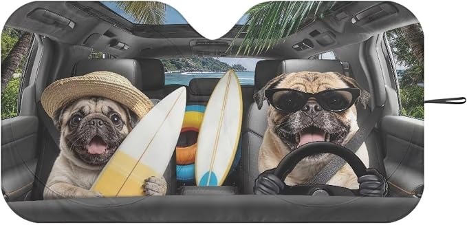 Cute Pug Car Windshield Sun Shade Easy Installation Foldable Funny Front Windshield Sun Visor Protector Universal Auto Sun Shade Easy Storage Automotive Interior Cover