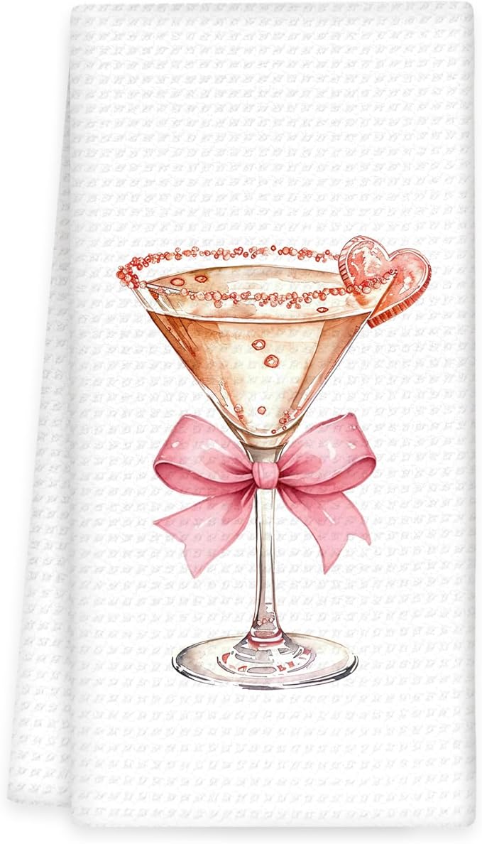 Pink Bow Cocktail Decor Kitchen Towels, Gifts for Cocktail Lovers Hand Towels, Pink Coquette Cocktail Dish Tea Towels for Kitchen Home Bar, Coquette Bow Cocktail Bar Cart Decor, 16x24In