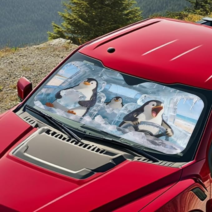 Cute Penguins Car Windshield Sun Shade Fit Front Window Foldable Funny Automotive Interior Accessories for Protection Auto Sun Heat and UV Rays Blocker Universal