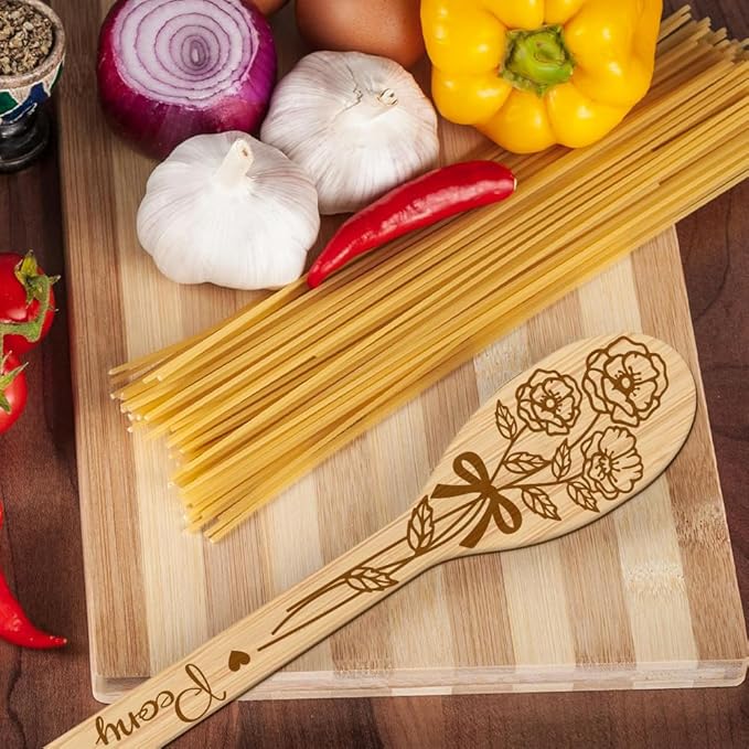 GLOBLELAND 6Pcs Bouquet Bamboo Cooking Utensils Wooden Lilies Roses Daisies Cosmos Engraved Cooking Spoons Spatula Set for Women and Men Wood Cooking Spoon for Kitchen House Warming Gift