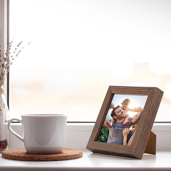 Fun Memories 4x4 Picture Frame, Solid White Oak Wood Frame 4 by 4, 4 x 4 Square Photo Frame with Tempered Real Glass, Rustic Wooden Frame 4""x4"" for Wall & Tabletop Display, Walnut Color, Set of 2