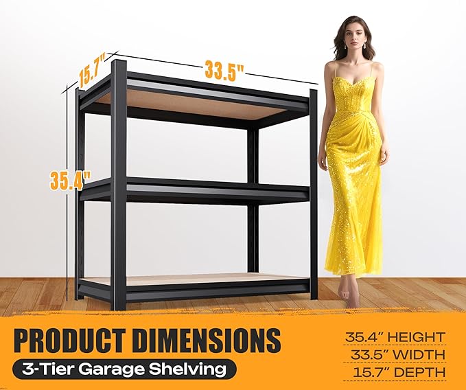 AOAORRG Garage Shelving Heavy Duty Storage Shelves, Metal Adjustable Shelving Unit, Utility Garage Organizer Shelf for Basement, Pantry, Kitchen, Warehouse, 15.7" Dx33.5 Wx35 H, Black