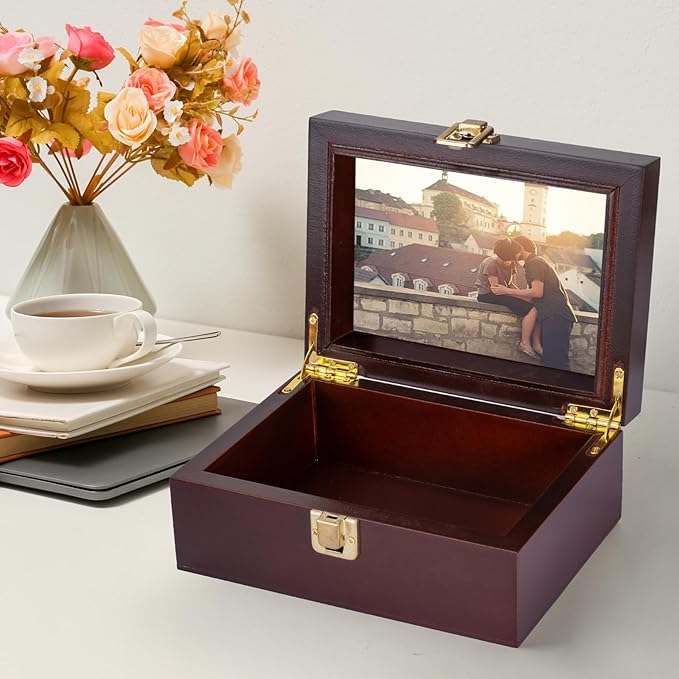 Small Wooden Memory Keepsake Boxes With Hinged Lids and a photo frame inside the lid - Decorative Storage Box With a Hinge Lids For Picture Letter Time Capsule - Wooden Gift Boxes，3.1“*5.1”*7.1“