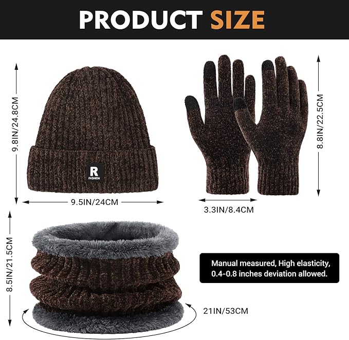 Winter Beanie Hat Circle Scarf Gloves Set for Men Women, Thick Warm Chenille Skull Cap Touchscreen Gloves Neck Warmer