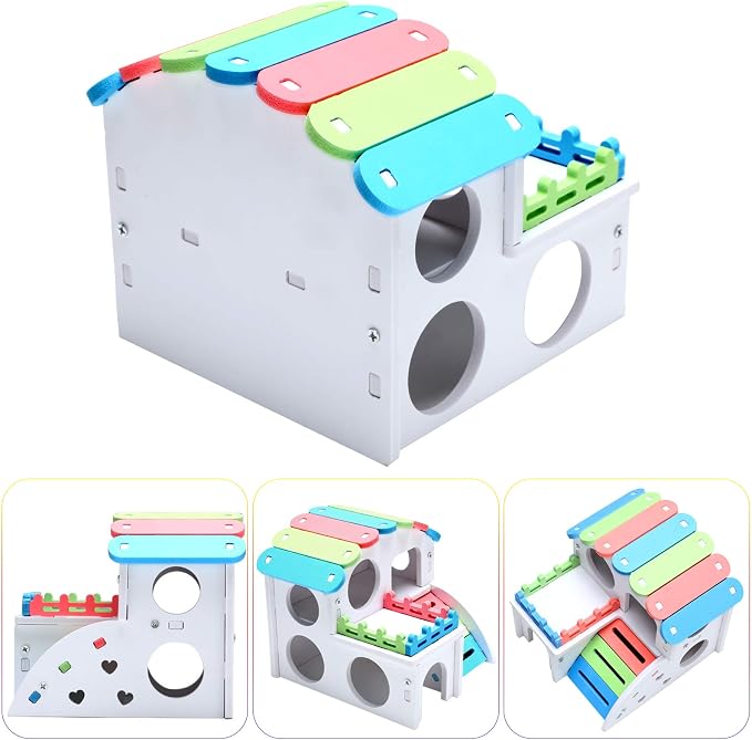 Skylety 3 Pieces Fun Hamster Guinea Pig Hideout Kit,Small,Rainbow Color | Include PVC Hamster House, Rainbow Bridge, Seesaw DIY Exercise Playhouse for Rats Mouse Small Animals