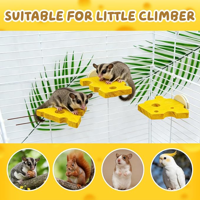 3 Pack Cheese-Themed Wooden Climbing Platforms with Mounting Kit - Multi-Level Cage Accessories for Sugar Gliders, Rats, Squirrels & Small Climbers