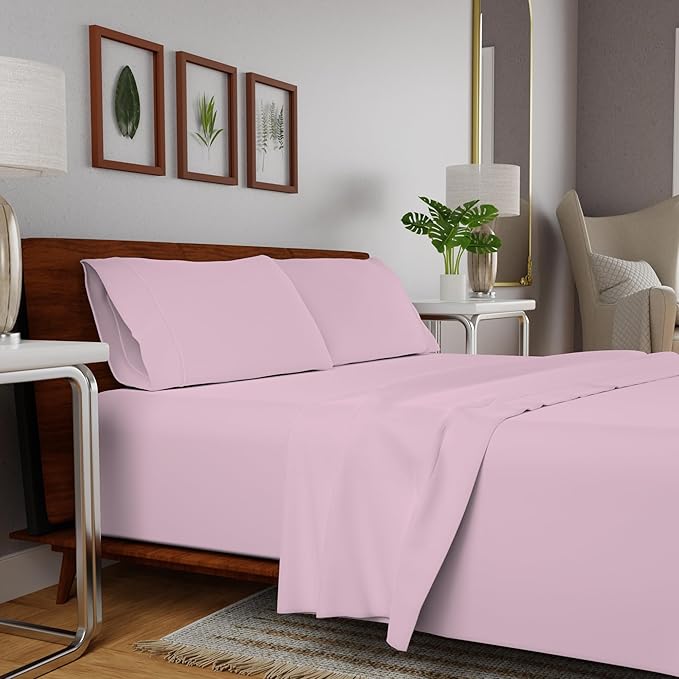 Organic 100% Cotton Percale Twin Sheets Set Light Pink, Twin Bed Sheets, College Dorm Room Essentials, 14" Deep Pocket Twin Cotton Sheet Set, Breathable & Cooling Sheets for Hot Sleepers