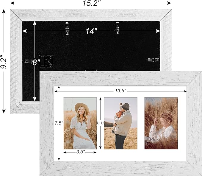 8x14 Picture Frame Display 3 opening 4X6 Picture Frame Collage,Multi Photo Frame with Mat,Plexiglass,Wall Hanging Decor,Distressed White Wood Grain