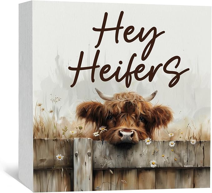 Highland Cow Sign - Farmhouse Western Animal Office Kitchen Bedroom Decor,Rustic Farm Hey Heifers Home Decor Signs,highland Cow Gifts For Women,6x6 Inch