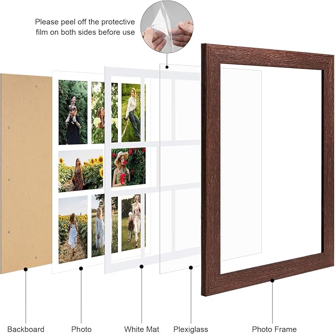 13x17 Picture Frame Display 8 opening 4X6 Picture Frame Collage,Multi Photo Frame with Mat,Plexiglass,Wall or Tabletop Decor,Walnut Wood Grain