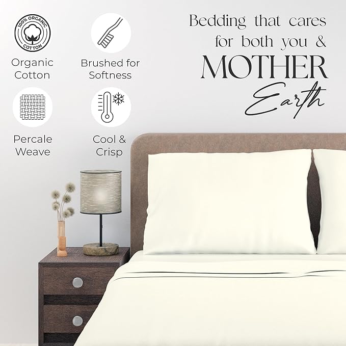 SUPREME ELEGANCE Organic 100% Cotton Queen Sheet Set, 18” Deep Pocket, Light Ivory | Lightweight, Eco-Friendly Cotton, Percale Softness, Durable & Breathable, Naturally Cooling | All Season Comfort