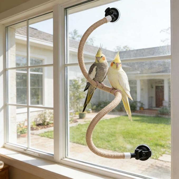 Natural Flax Bird Perch Stand with Strong Suction Cups | Movable Parrot Training Perch for Window/Mirror/Car/Tiles | Universal for Budgie, Cockatiel, Conure (DIY Modular Parrot Perch)