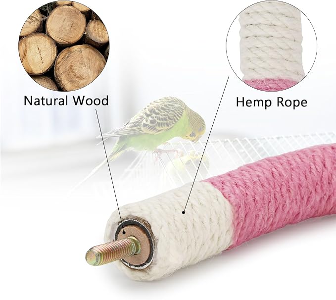 Hypeety U Shape Bird Hemp Rope Perch Parrot Paw Grinding Stand, Pink, L | U shape, natural wood with hemp rope, grinding paw and beak naturally, birdcage accessories, for budgies/cockatiels/conures