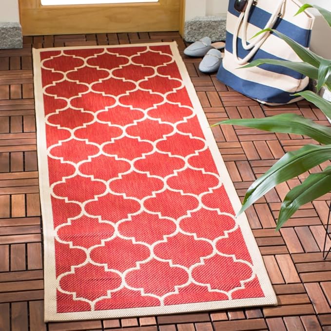 SAFAVIEH Washable Rug Outdoor Courtyard Collection - 2'3" x 6'7" Runner, Red & Bone, Non-Shedding & Easy Cleaning, Ideal for Patio, Entryway, Mudroom, Hallway, Kitchen (CY6914-248)