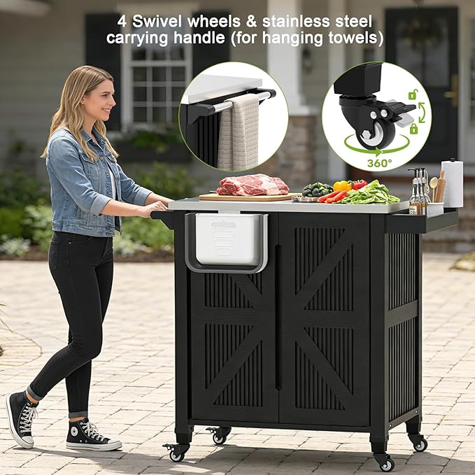 Outdoor Grill Cart with Storage Cabinet, Movable Kitchen Island with Stainless Steel Countertop, 4 Swivel Wheels, PP Material Rolling BBQ Food Prep Table Cart for Patio, Poolside, Black