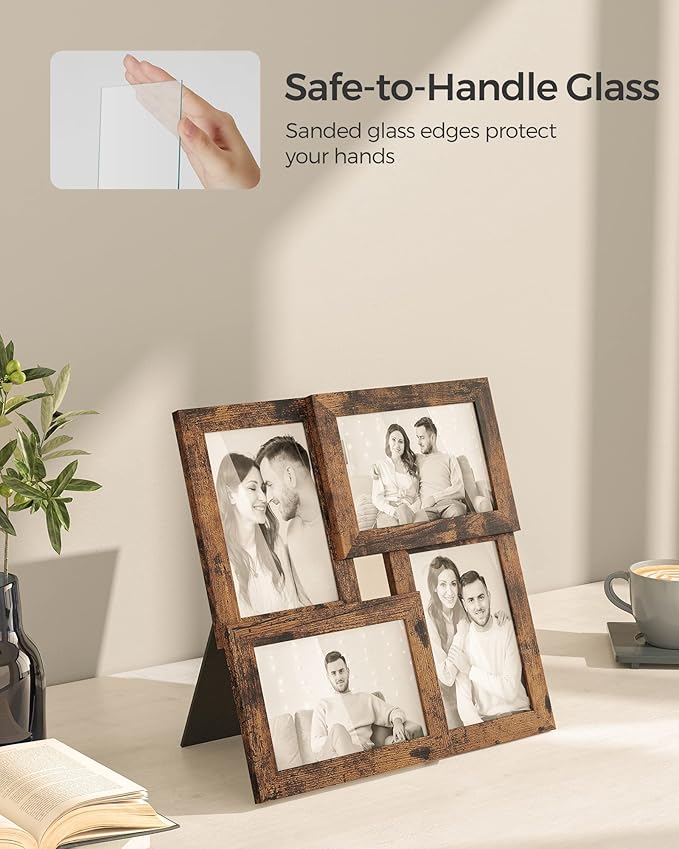 SONGMICS 4x6 Collage Picture Frames, Family Photo Collage Frame Set of 4 for Wall Decor, Glass Front, Wall Hanging or Tabletop, Rustic Brown URPF025X01
