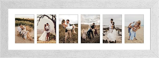 8x26 Picture Frame Display 6 opening 4X6 Picture Frame Collage,Multi Photo Frame with Mat,Plexiglass,Wall or Tabletop Decor,Distressed White Wood Grain