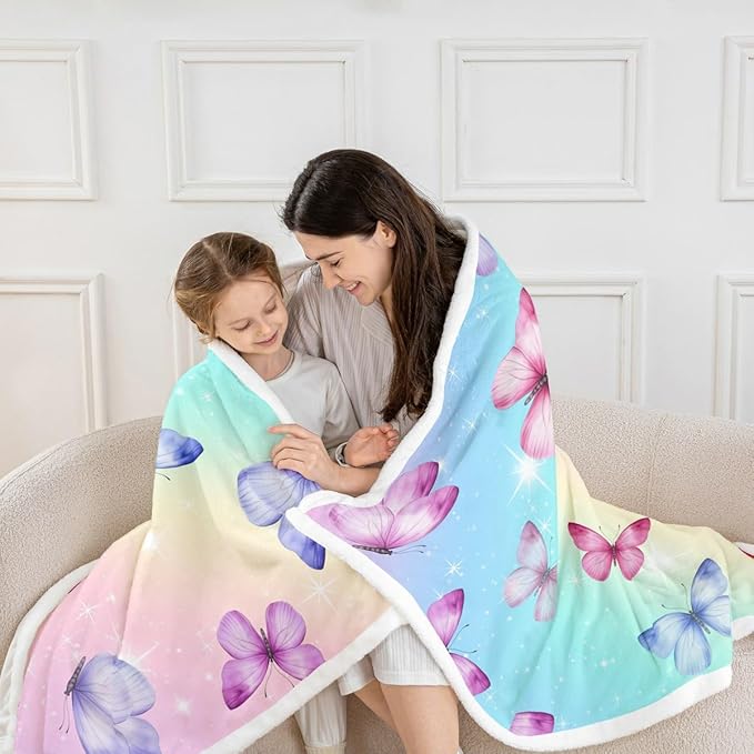 Feelyou Girls Butterfly Fleece Throw Blanket Twin 60"x80" Kids Rainbow Sherpa Blanket Plush Fuzzy for Bed Couch Chair Living Room, Beautiful Butterflies Bed Blanket Room Decor