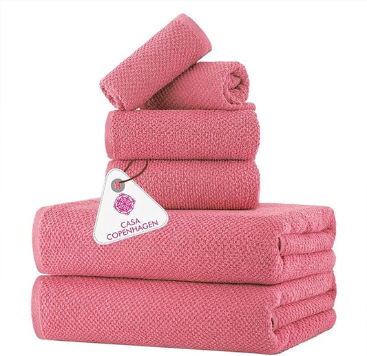 CASA COPENHAGEN Popcorn Textured 6 Pieces Towel Set- Pink, 550 GSM 2 Bath Towel 2 Hand Towel 2 Washcloth, Rough & Tough Use Cotton Towels Gift Set for Bathroom