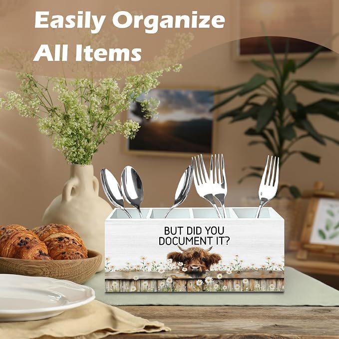 DILSJ Funny Highland Cow Office 4 Compartment Pen Pencil Holder for Desk | Funny Coworkers Work Humor Gifts, But Did You Document It Wooden Box Signs Organizer for Home Office Desk Tabletop Decoration