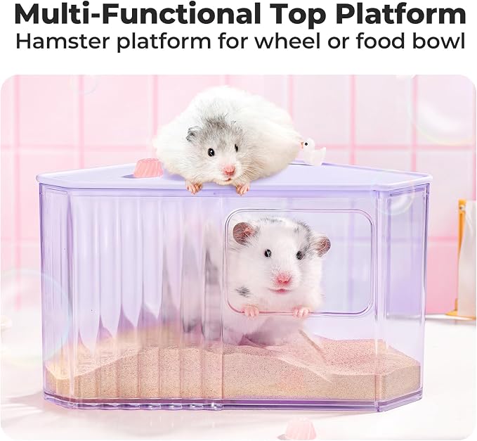 mini&moe Hamster Sand Bath Container - Small Animal Bathroom Shower Room Large Space Corner Digging Box with Cleaning Scoop Rat Dust Bath House for Guinea Pig, Hedgehog, Gerbil
