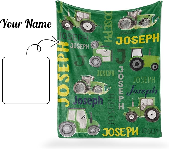 Personalized Tractors Blanket - Custom Name with Farm Tractor Trucks Design - Soft Plush Flannel Bed Blanket for Baby Kid Teen Boys Girls Customized Gifts Green