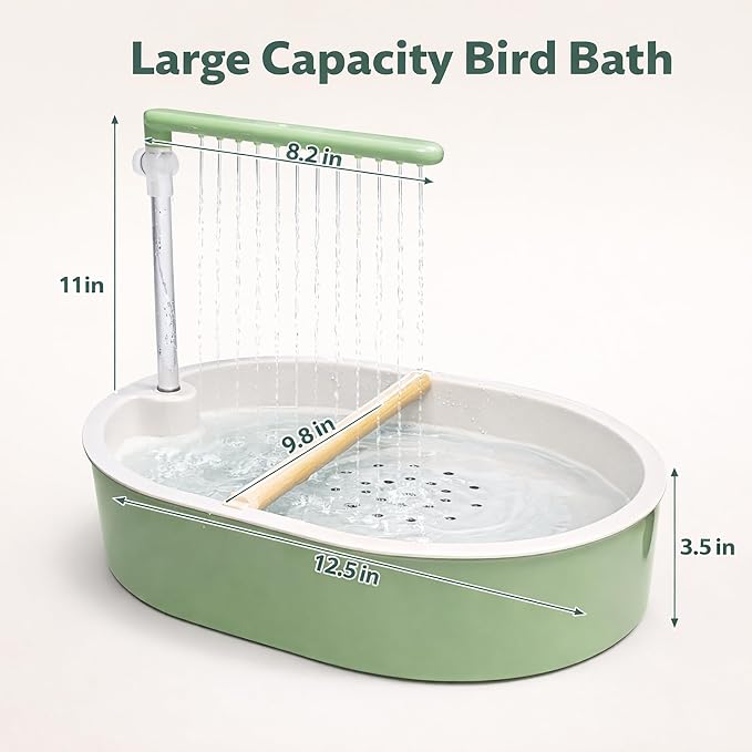 Indoor Bird Bath Fountain, Dual Rainfall Parrot Shower with Anti-Clog Pump & Filter Sponge, Adjustable Water Flow, Natural Beech Wood Perch, Bird Shower Spa for Parakeet, Cockatiel, Lovebird