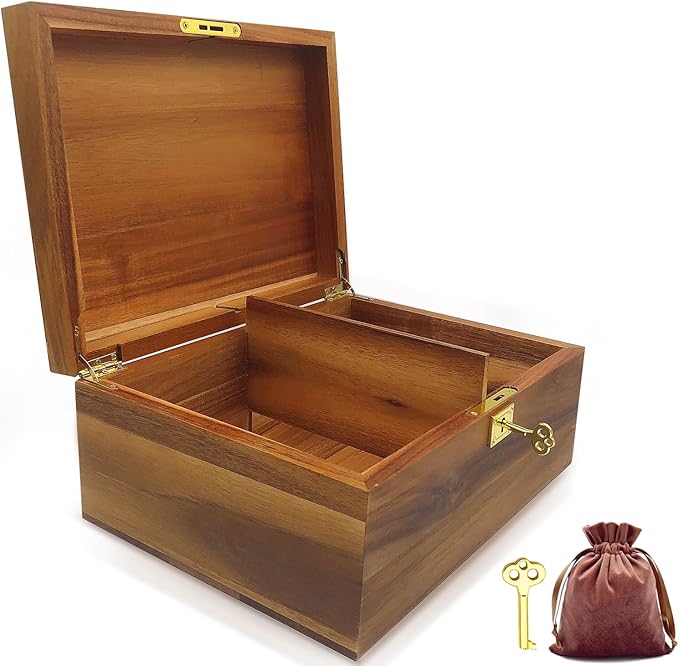 Large Wood Storage Box Decorative Wooden Box with Hinged Lid and Locking Key Premium Acacia Keepsake Chest Box Memory Gift Wooden Stash Boxes 11 X 8.5 X 5 Inches