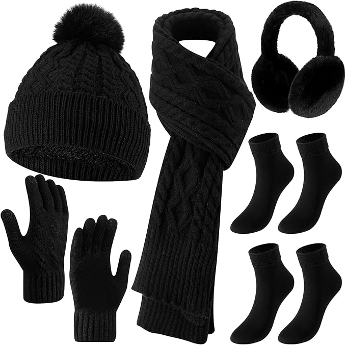 Geyoga 6 Pcs Winter Warm Set for Women Warm Beanies Hats Touchscreen Gloves Long Scarf Ear Muffs Socks Winter Gifts for Women