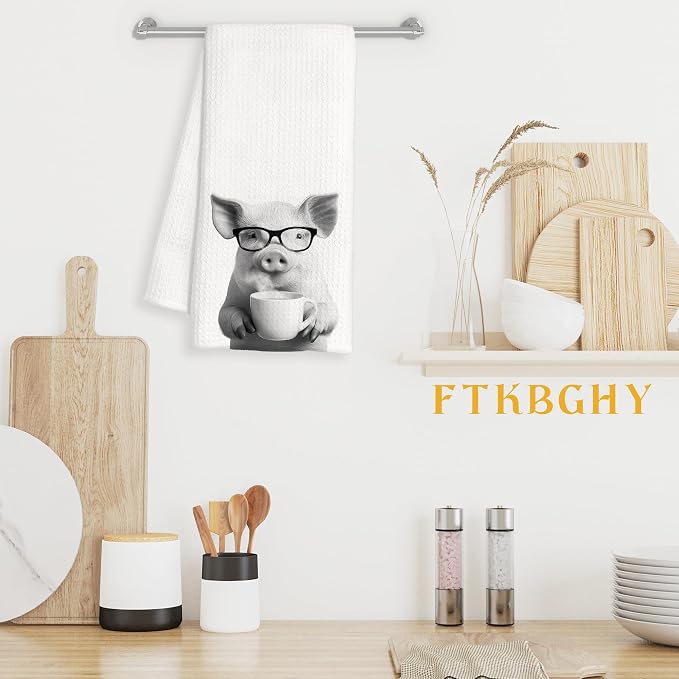 Funny Pig Decor Coffee Kitchen Towels Gift, Pig Gifts for Women, Coffee Gifts for Women, Animal Lover Gift Decorative Dish Hand Tea Towels for Kitchen Home Bar Decor, 16x24 Inch