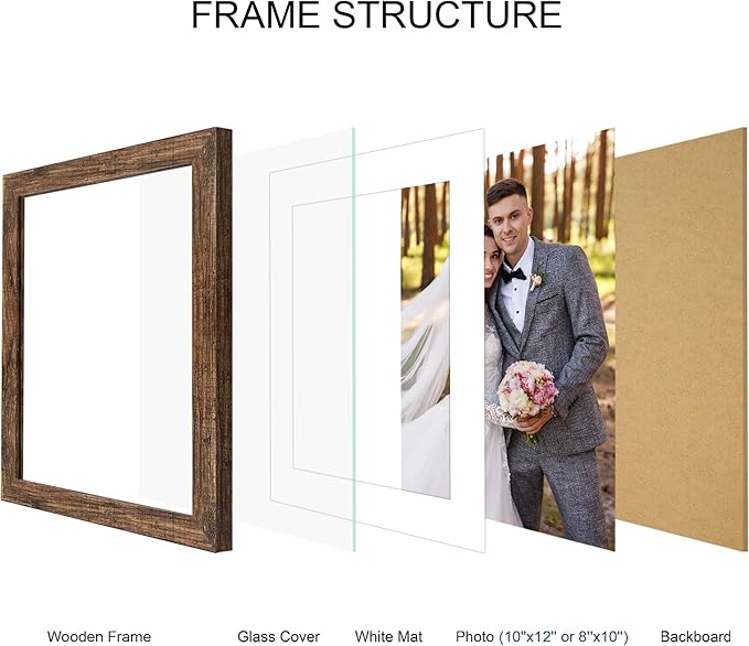 10x12 Picture Frame Set of 4, Made of Real Glass and Rustic Brown Frame - Display Picture 8x10 with Mat or 10x12 Without Mat, 10 by 12 Photo for Wall Mounting