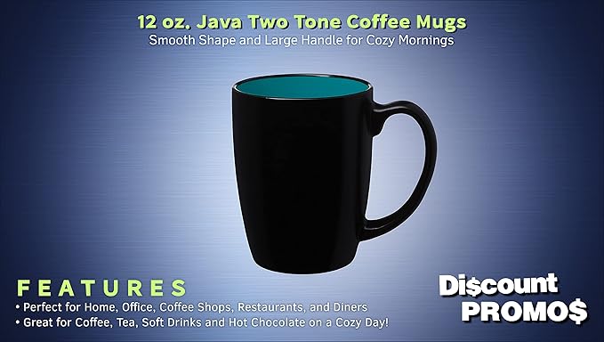 DISCOUNT PROMOS 10 Java Two Tone Coffee Mugs Set, 12 oz. - Stoneware, Durable, Easy Grip - BLACKTEAL