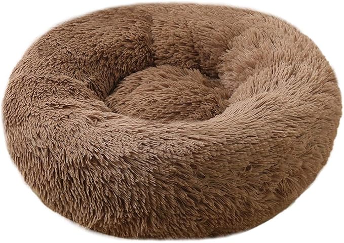 Plush Calming Donut Dog Bed for Small to Medium Dogs, 28 Inch Round Pet Bed | Soft Faux Fur Puppy Bed with Raised Rim for Curling and Head Support; Washable Round Pet Bed for Small to Medium Dogs or Cats