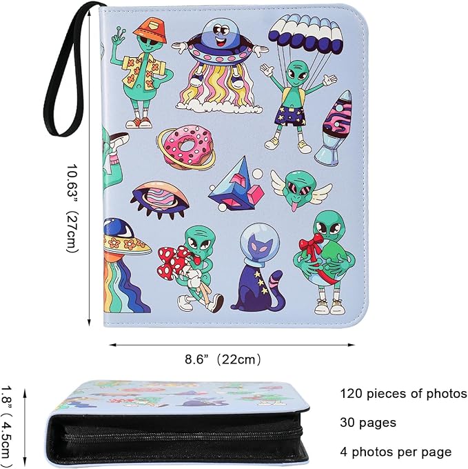 Photo Album 4x6 Pictures,120 Pockets Binder Premium Vegan Leather Cover for Family Wedding Anniversary Baby Kids Vacation. (Cartoon Alien)