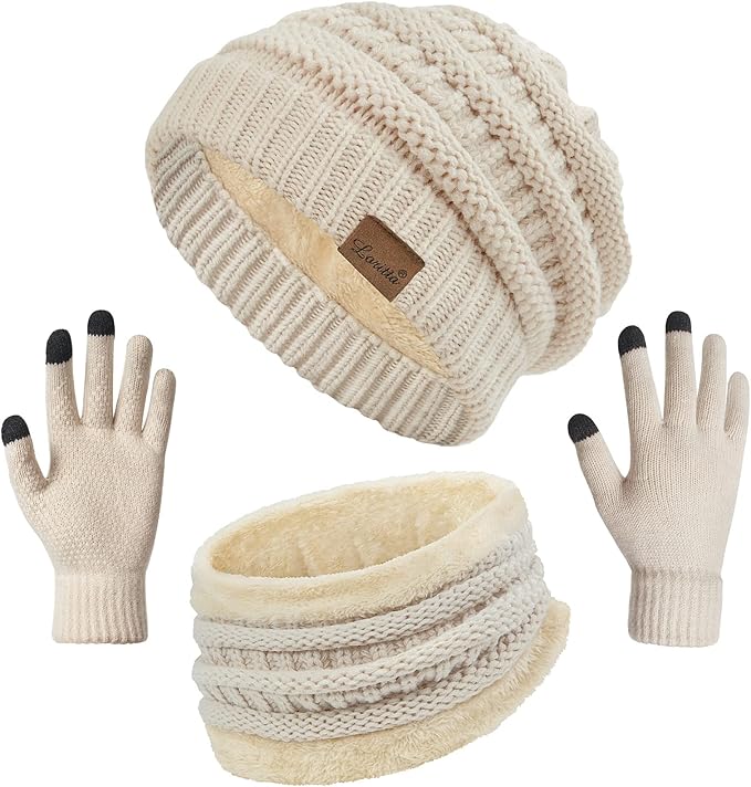Loritta 3 Pieces Winter Hats for Women Scarf Touch Screen Gloves Set Thick Warm Fleece Lined Beanie Hat Gifts