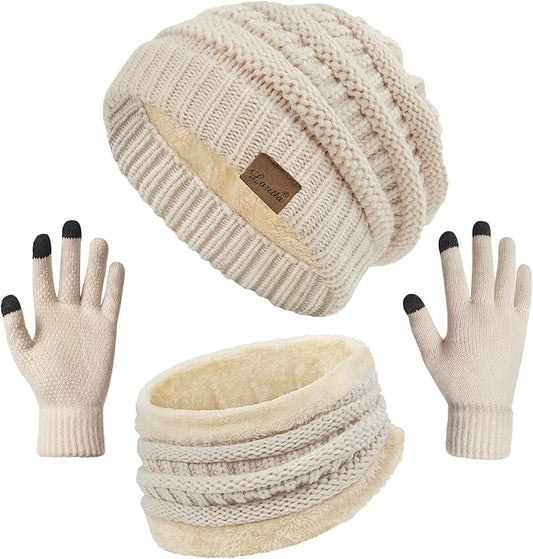 Loritta 3 Pieces Winter Hats for Women Scarf Touch Screen Gloves Set Thick Warm Fleece Lined Beanie Hat Gifts