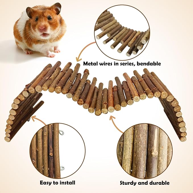 PINVNBY Hamster Suspension Bridge (19.7in and 9.8in) Bendy Natural Wood Bridge Long Climbing Ladder Hamster Cage Accessories for Guinea Pig Dwarf Sugar Glider Rat Mouse