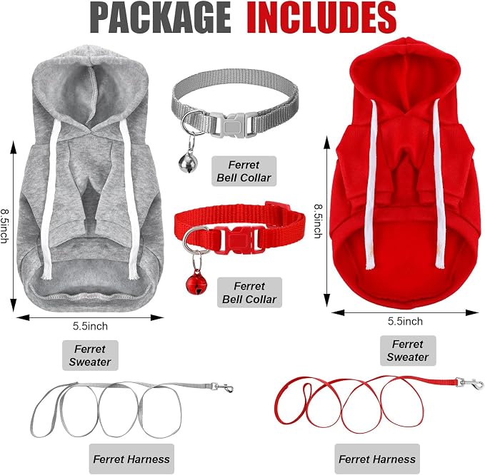 Foaincore 6 Pcs Ferret Clothes Hoodie Sweater Leash Harness Set Grey Red | Soft Hoodie Sweaters with Drawstring, Collar with Bell for Safety, Leash Included, For Guinea Pig Hamster Chinchilla