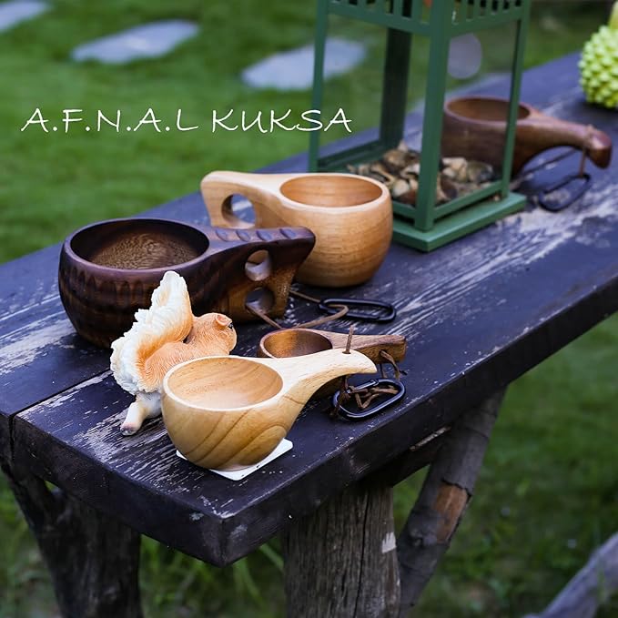 Kuksa Camping Mug Wooden Bushcraft Handcarved Cup, Nordic Style Coffee & Hiking Kuksa, Walnut Wood, Double Hole, 6.7 oz., 6.3" x 3.8" x 2.4"