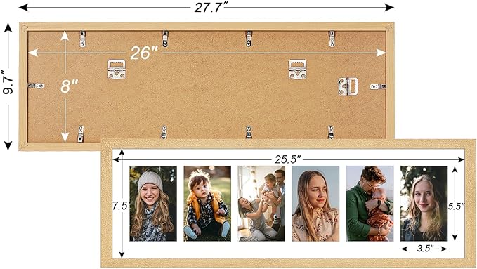 8x26 Collage frame with 6 Openings 4X6 Pictures, Multiple Picture Frame with Mat, Wall or Tabletop Decor, Natural Wood Grain (1 Pack)