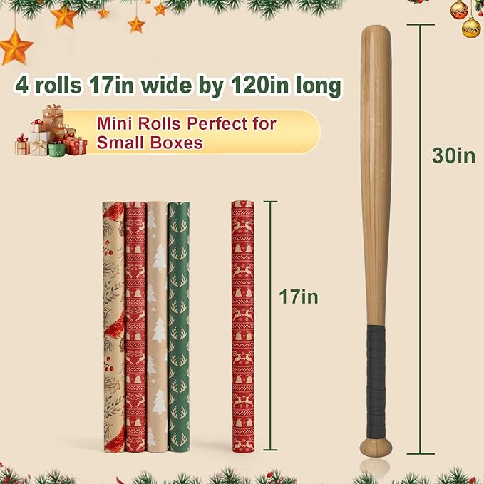 YANGTE Vintage Christmas Wrapping Paper - Brown Kraft Gift Wrap 4 Rolls, 17x120 Inch, Holiday Paper with Classic Brown and Red Patterns for Xmas Gifts