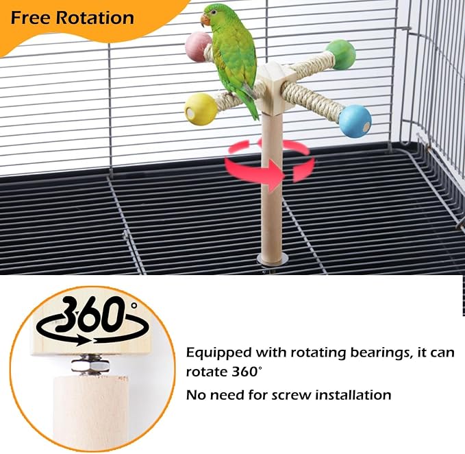 Bird Perch Toy, Kiln-Dried Wood Interactive 360° Spinning Cage Toy(S) | Exercise Wheel Parrot Toy, Enrichment Cockatiel Toy for Bird Cage, Bird Cage Accessories Perch Toy for Budgies Lovebirds