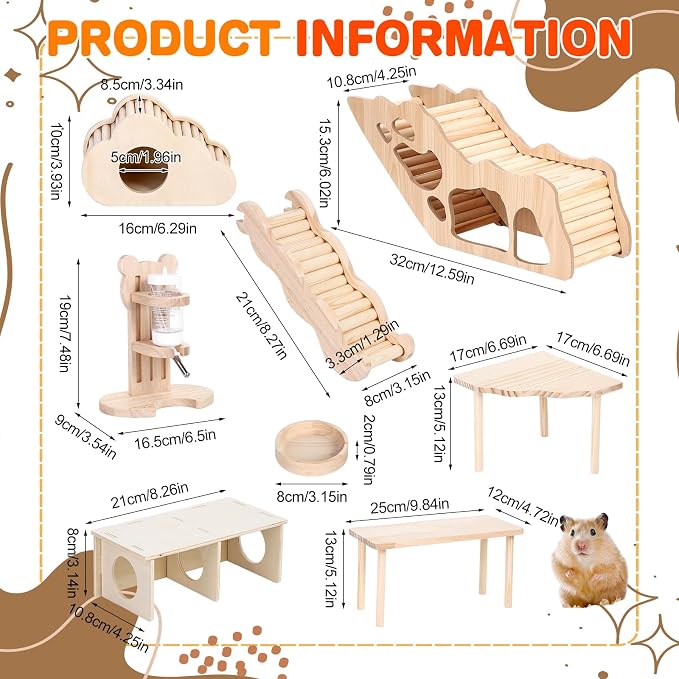 8 Pcs Hamster Platform Hideout Hamster Cage Accessories Wooden Bridge Tunnel Climbing Ladder Playhouse Maze House Platform Feeding Bowl Water Bottle Set for Dwarf Hamsters Gerbils Small Animals Pet