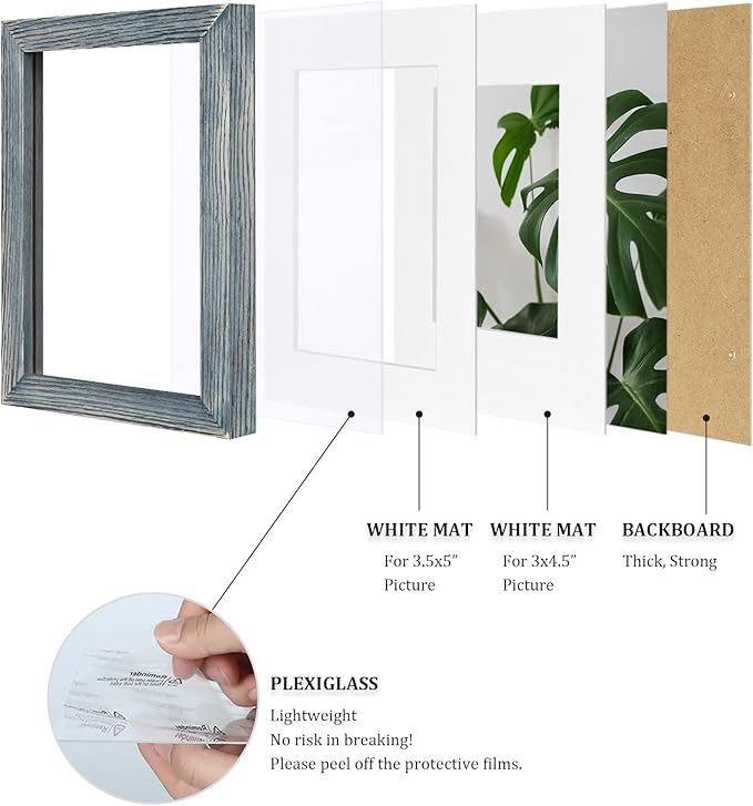 Egofine 4x6 Picture Frames Set of 4, Made of Solid Wood Covered by Plexiglass 3.5x5 with Mat or 4x6 without Mat, for Table Top Display and Wall Mounting Photo Frame Rustic Blue