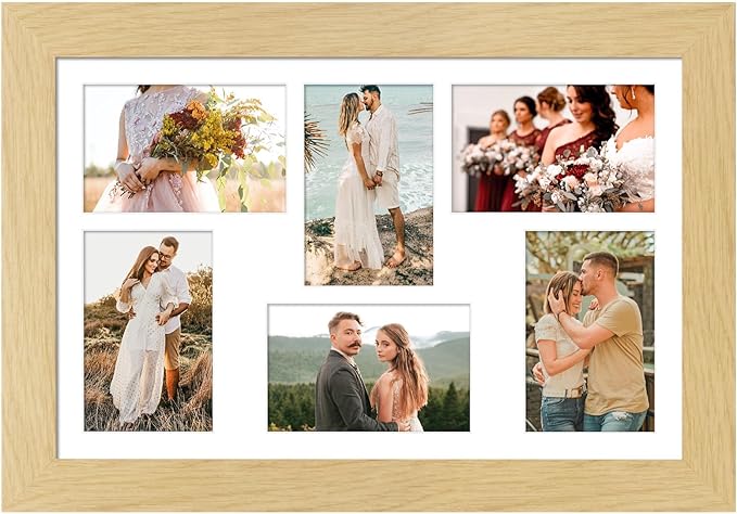 11x17 Picture Frame Display 6 picture frame collage 4x6,Multi Photo Frame with Mat,Plexiglass,Wall Mount Decor,Natural Wood Grain